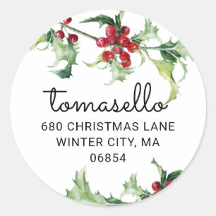 Christmas Watercolor Holly Berries Return Address Classic Round Sticker