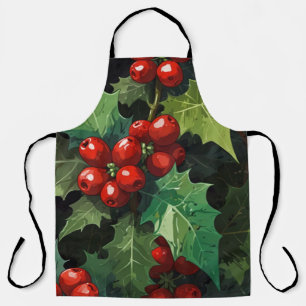 Christmas watercolor Holly berry leaves botanical Apron