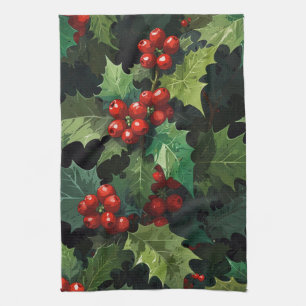 Christmas watercolor Holly berry leaves botanical Kitchen Towel