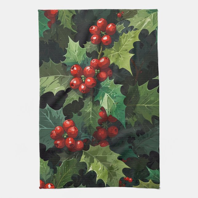 Christmas watercolor Holly berry leaves botanical  Kitchen Towel (Vertical)