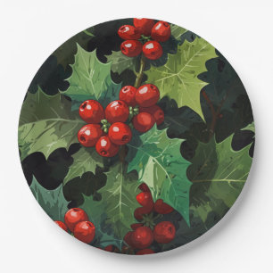 Christmas watercolor Holly berry leaves botanical Paper Plate