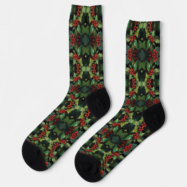 Christmas watercolor Holly berry leaves botanical  Socks (Left)