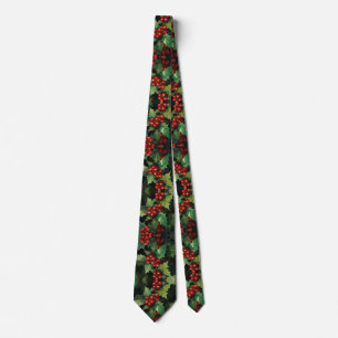 Christmas watercolor Holly berry leaves botanical Tie