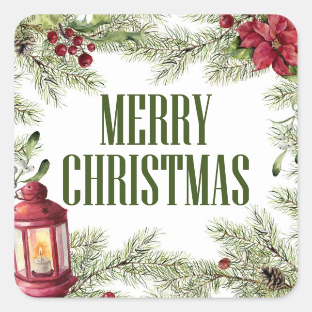 Christmas | Watercolor - Holly & Candle Frame Square Sticker (Front)