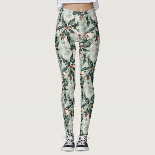 Christmas Watercolor Holly Flowers and Berries Leggings