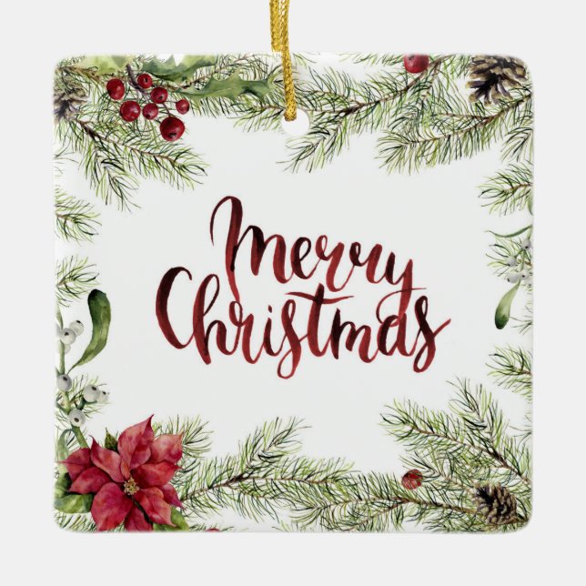 Christmas | Watercolor - Holly & Mistletoe Frame Ceramic Ornament (Front)