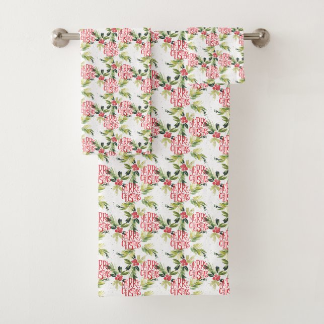 Christmas Watercolor Holly Pattern Bath Towel Set (Insitu)