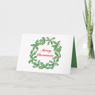 Christmas Watercolor Holly Wreath personalize card