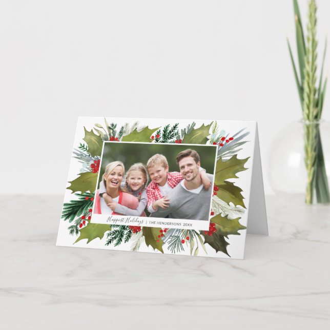 Christmas Watercolor Holly Wreath Photo Greeting Holiday Card (Front)