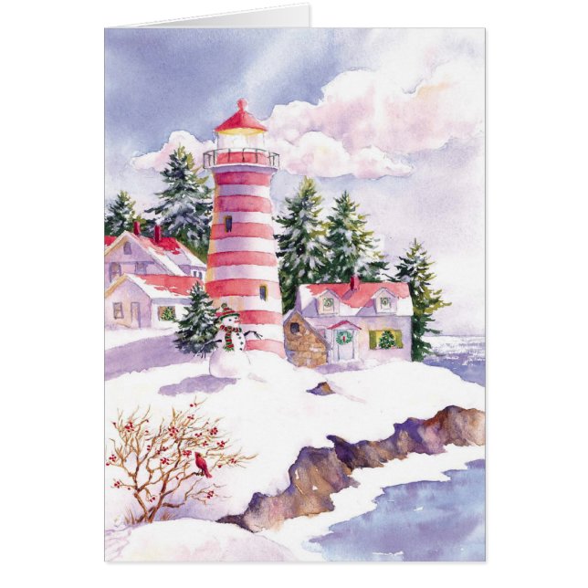 Christmas watercolor lighthouse customizable card (Front)