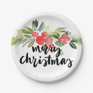 Christmas   Watercolor - Merry Christmas Holly Paper Plate
