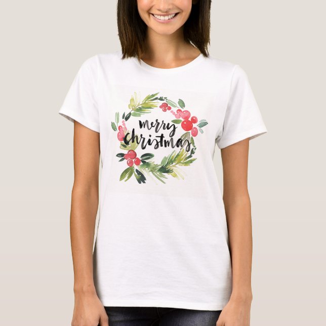 Christmas | Watercolor - Merry Christmas Wreath T-Shirt (Front)