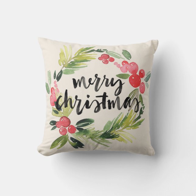 Christmas | Watercolor - Merry Christmas Wreath Throw Pillow (Front)