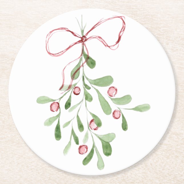 Christmas Watercolor Mistletoe Round Paper Coaster (Front)