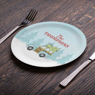 Christmas Watercolor Modern Rustic Nostalgic Car Paper Plate