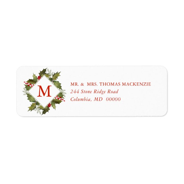 Christmas Watercolor Monogram Holly Wreath (Front)
