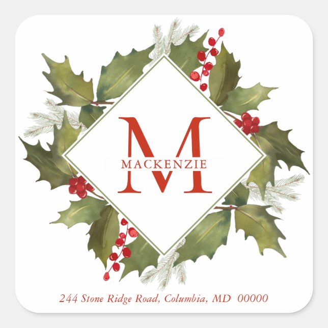 Christmas Watercolor Monogram Holly Wreath Red Square Sticker (Front)