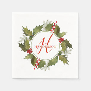 Christmas Watercolor Monogram Script Holly Wreath Napkin