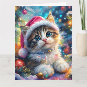 Christmas Watercolor of Sweet Kitten in Pink Hat Card