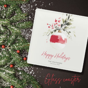 Christmas Watercolor Ornament Personalized Name Glass Coaster
