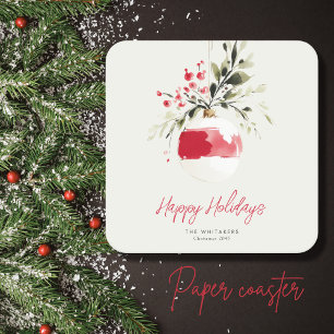 Christmas Watercolor Ornament Personalized Name Square Paper Coaster