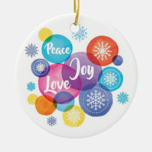 Christmas Watercolor - Peace Love Joy Quote Ceramic Ornament