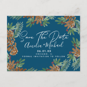 Christmas Watercolor Pinecones Save the Date Postcard