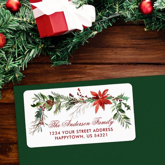 Christmas Watercolor Pines Red Poinsettia Label (Customize to change text color, style or text size.)