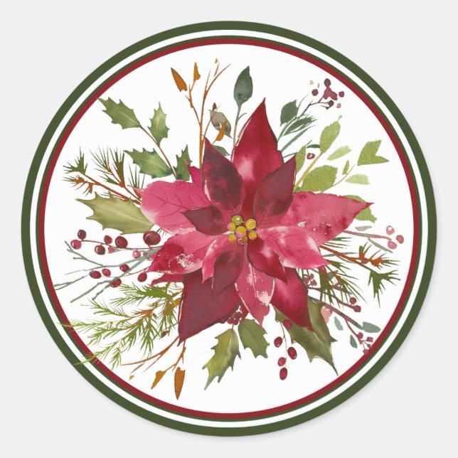 Christmas Watercolor Poinsettia Classic Round Sticker (Front)