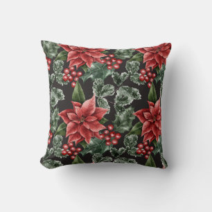 Christmas Watercolor Poinsettia Pattern Throw Pillow