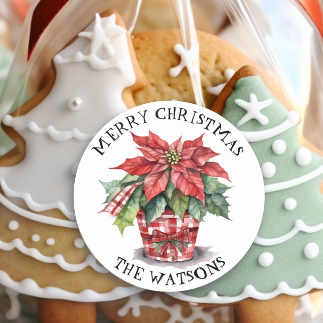 Christmas Watercolor Poinsettia Personalized Classic Round Sticker (Creator Uploaded)