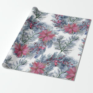 Christmas Watercolor Poinsettia Wreath Arrangement Wrapping Paper