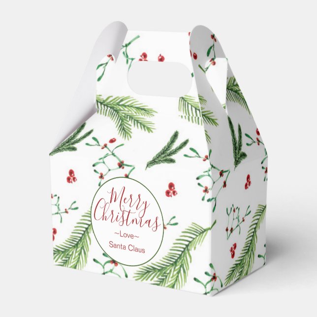 Christmas Watercolor Red and Green Botanicals Favor Box (Front Side)