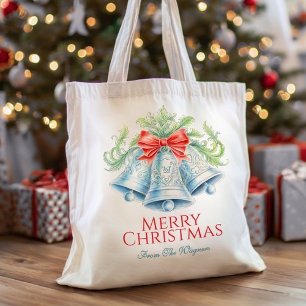 Christmas watercolor red bow silver bells custom tote bag
