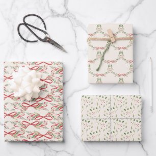 Christmas Watercolor Red Bows Traditional Vintage Wrapping Paper Sheet