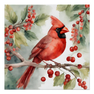 Christmas Watercolor Red Cardinal and Berries Poster
