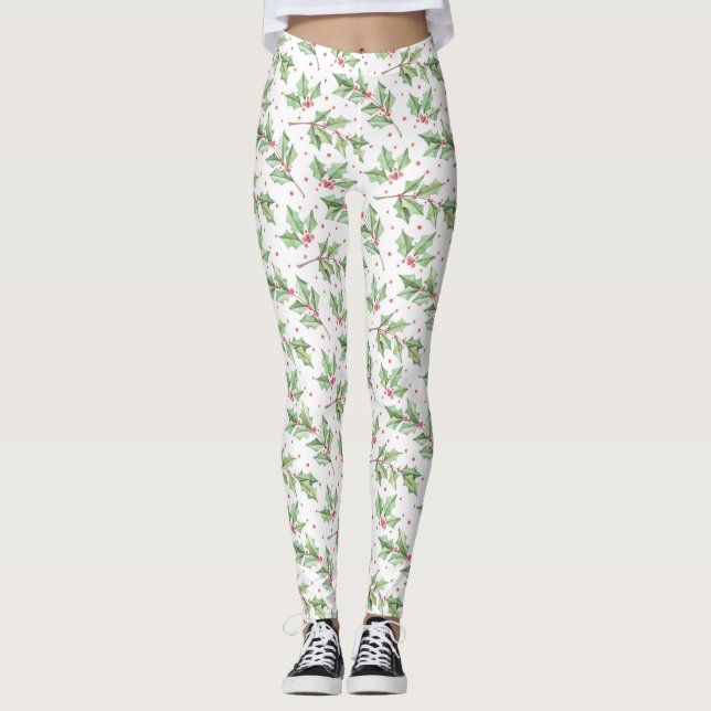 Christmas Watercolor Red Green Holly Berries  Legg Leggings (Front)