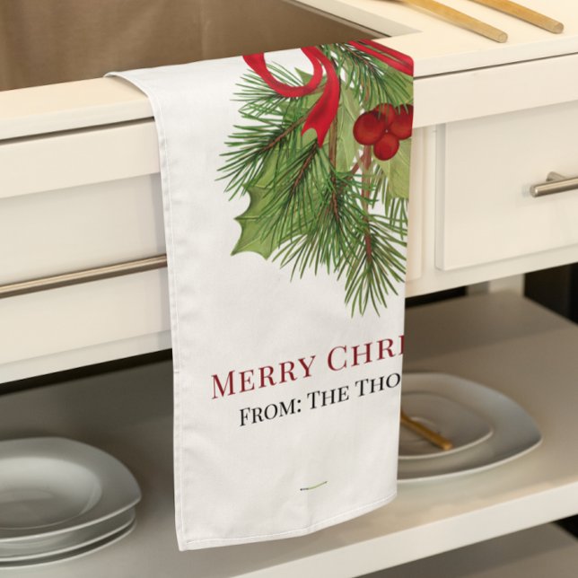 Christmas Watercolor Red Holly Berries Simple  Kitchen Towel (Merry Christmas greenery and holly berries custom kitchen towel.)