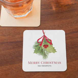 Christmas Watercolor Red Holly Berries Simple Square Paper Coaster