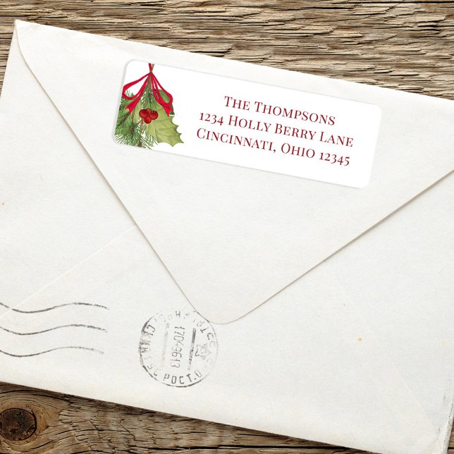 Christmas Watercolor Red Holly Berry Greenery (Watercolor greenery and red holly berries botanical return address label. )