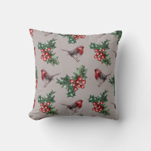 Christmas Watercolor Robin Birds Pattern Throw Pillow