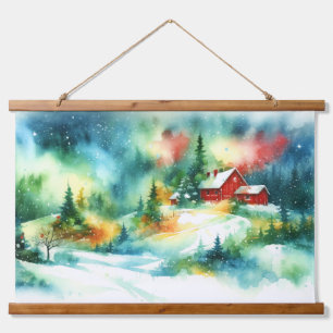 Christmas Watercolor Rural Winter Scene Hanging Tapestry