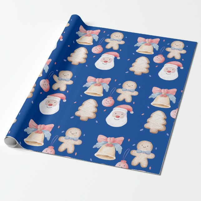 Christmas Watercolor Santa, Gingerbread, and Bell  Wrapping Paper (Unrolled)