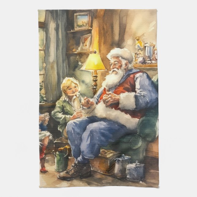 Christmas watercolor Santa Holiday  Kitchen Towel (Vertical)