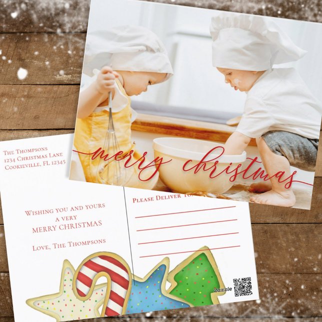 Christmas Watercolor Script Cute Cookies 1 Photo Holiday Postcard (Merry Christmas holiday photo postcard with whimsical colorful Christmas cookies. )