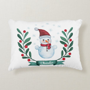 Christmas Watercolor Snowman Custom Accent Pillow