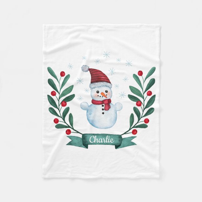 Christmas Watercolor Snowman Custom Fleece Blanket (Front)