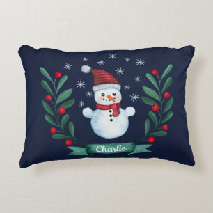 Christmas Watercolor Snowman Custom Navy Blue Accent Pillow