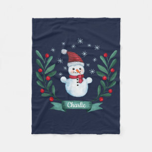 Christmas Watercolor Snowman Custom Navy Blue Fleece Blanket