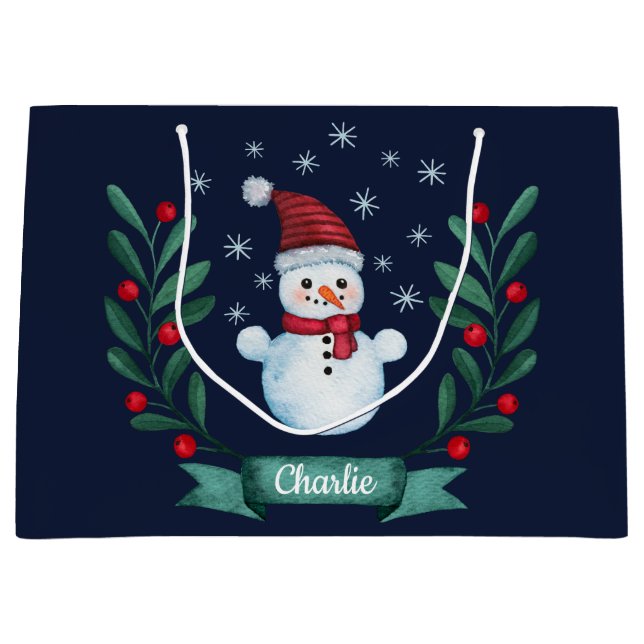 Christmas Watercolor Snowman Custom Navy Blue Large Gift Bag (Front)